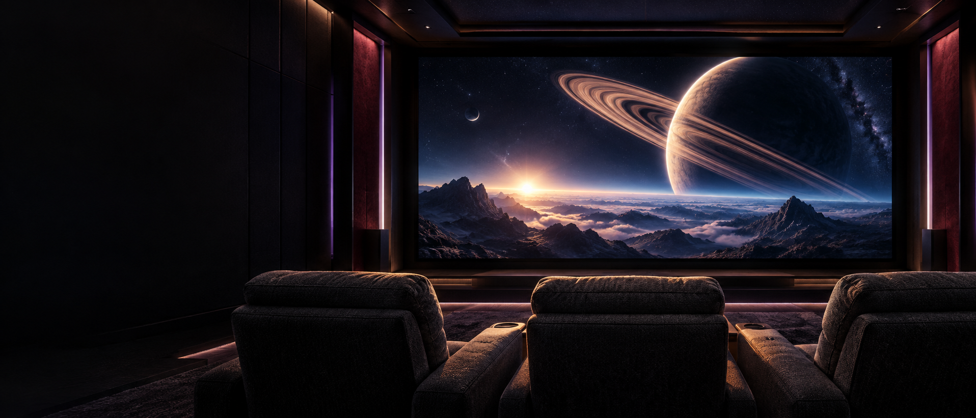 Concept artwork: a dark, intimate cinema with charcoal recliners and an enormous screen showing a ringed planet