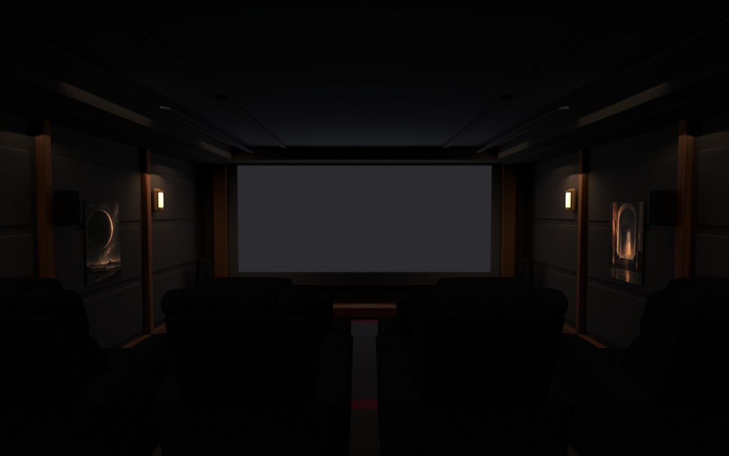 Blender preview of Home Cinema, with warm wall sconces, dark seating and a recessed screen
